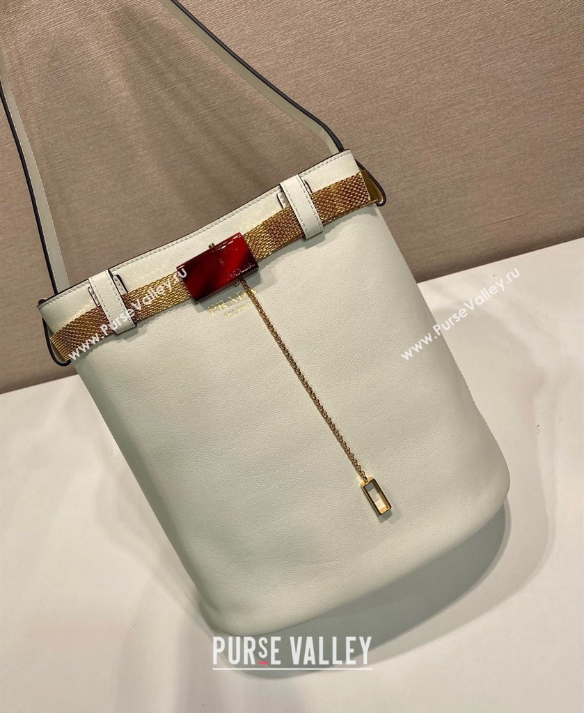 Prada Buckle leather bucket bag with jeweled belt White 2025 1BE085 (YZ-250521104)