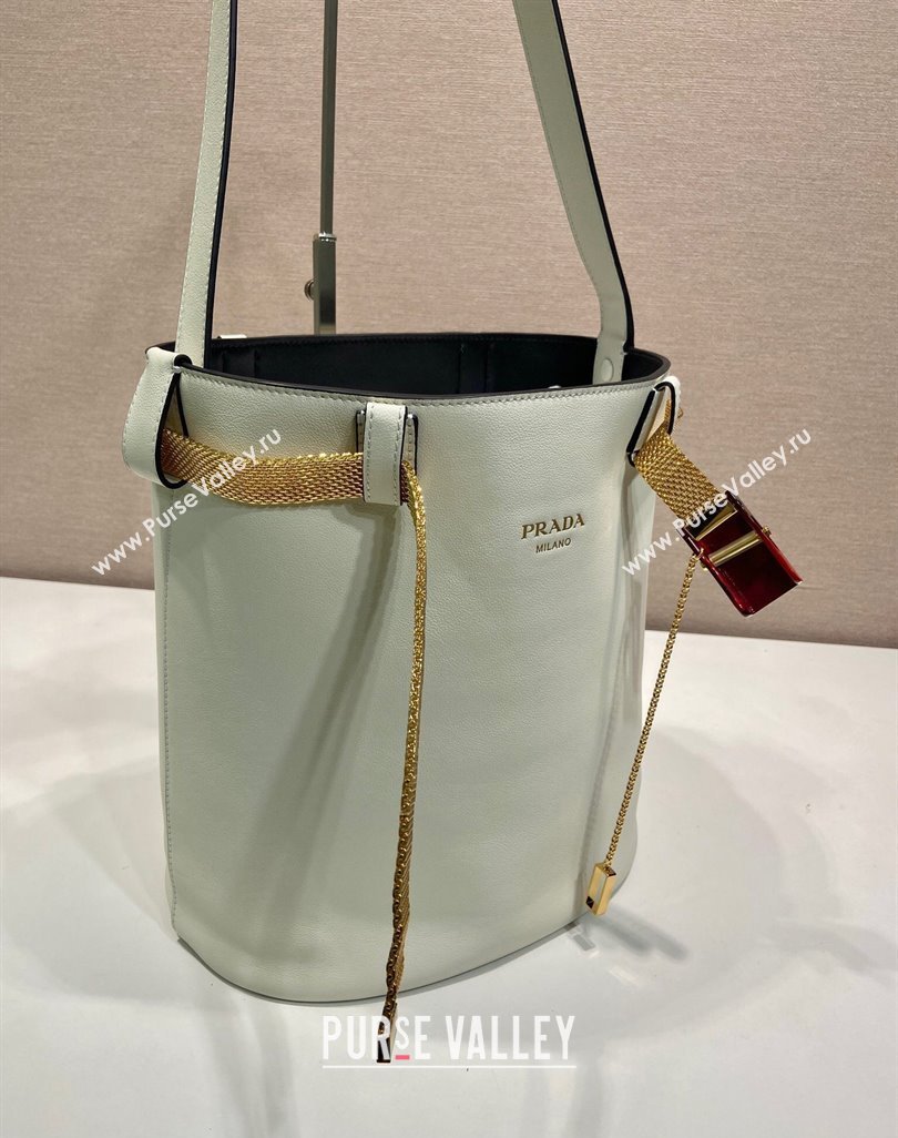 Prada Buckle leather bucket bag with jeweled belt White 2025 1BE085 (YZ-250521104)