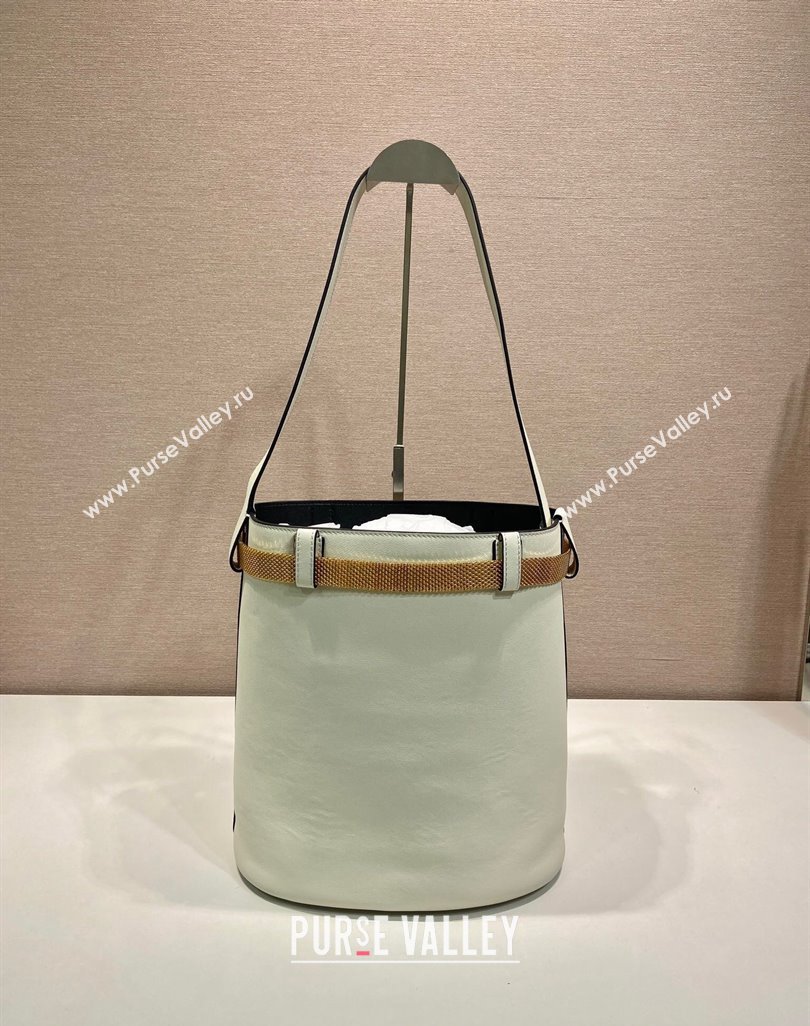 Prada Buckle leather bucket bag with jeweled belt White 2025 1BE085 (YZ-250521104)