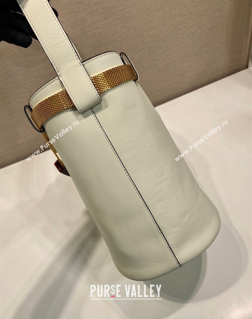 Prada Buckle leather bucket bag with jeweled belt White 2025 1BE085 (YZ-250521104)