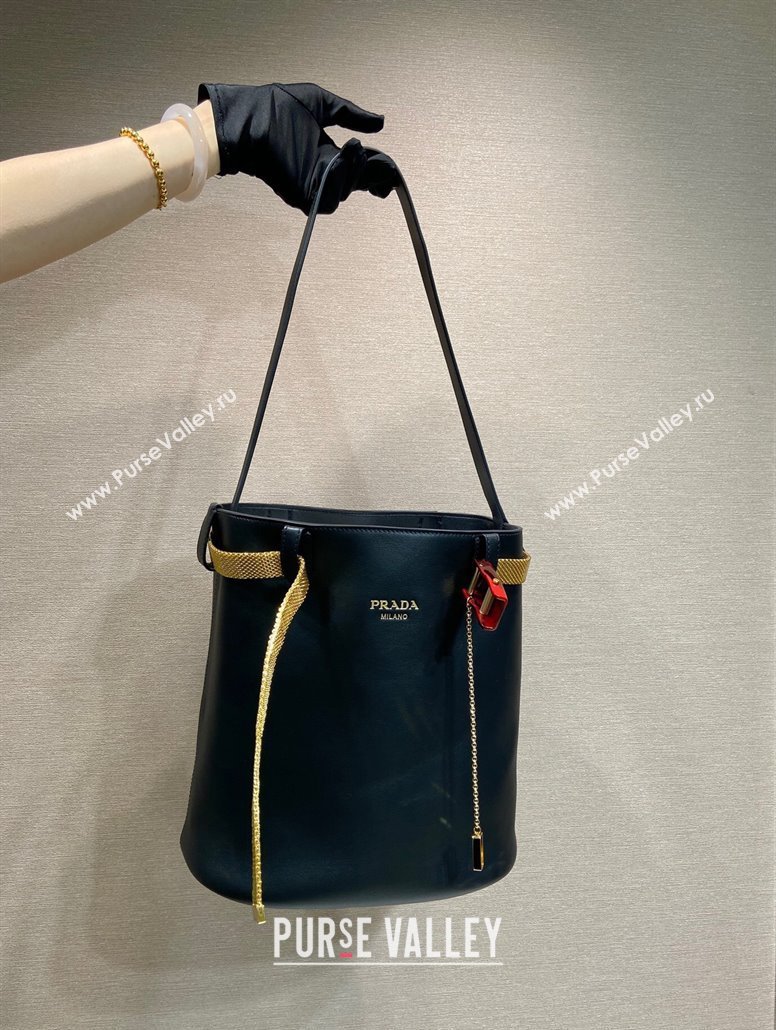 Prada Buckle leather bucket bag with jeweled belt Black 2025 1BE085 (YZ-250521105)