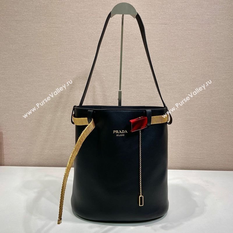 Prada Buckle leather bucket bag with jeweled belt Black 2025 1BE085 (YZ-250521105)