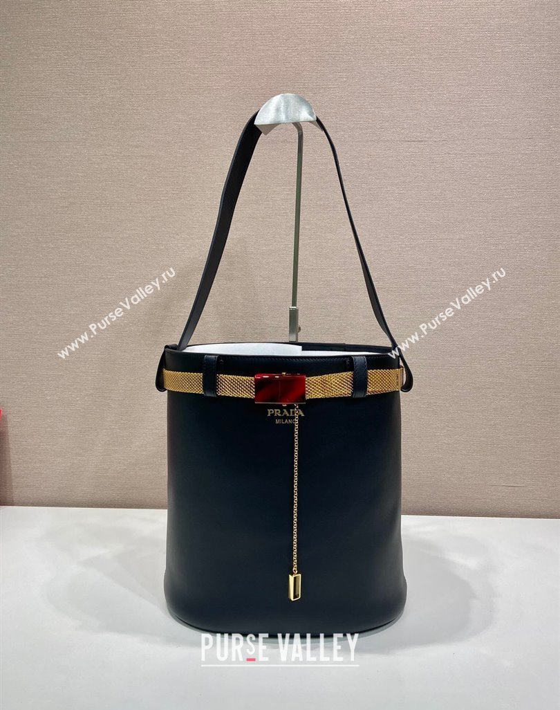 Prada Buckle leather bucket bag with jeweled belt Black 2025 1BE085 (YZ-250521105)