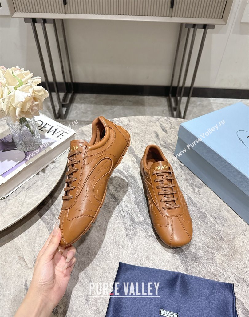 Prada Antiqued Leather Sneakers Light Brown 2025 PR053004 (HQG-250530034)