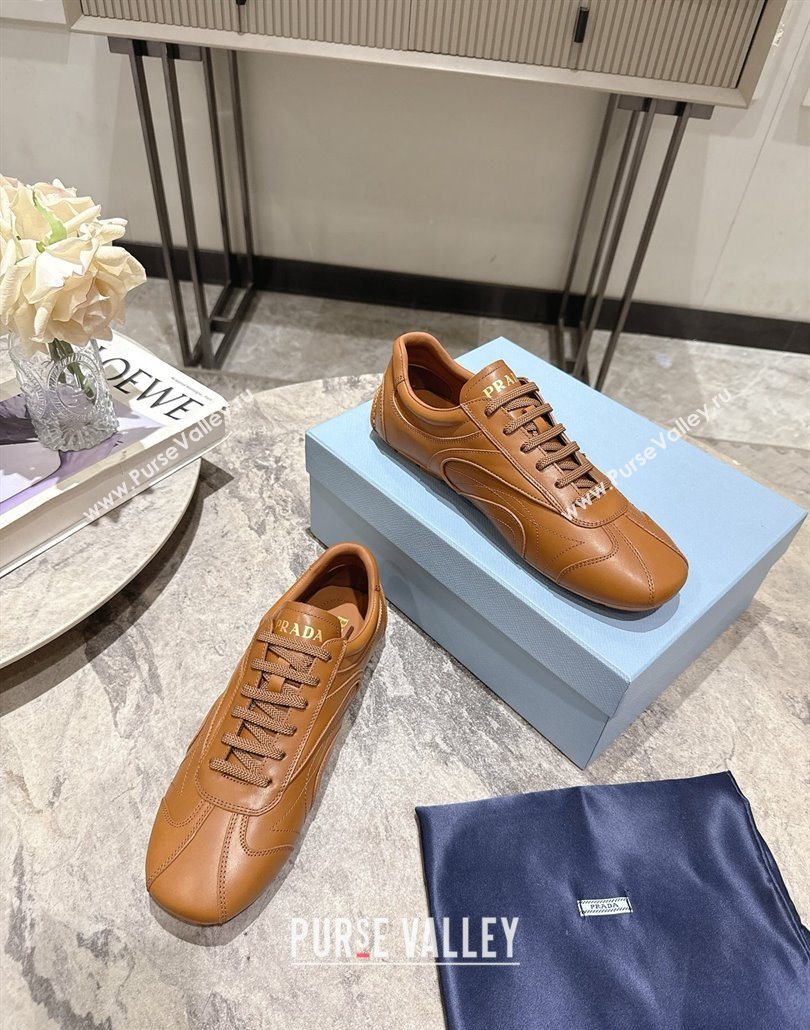 Prada Antiqued Leather Sneakers Light Brown 2025 PR053004 (HQG-250530034)