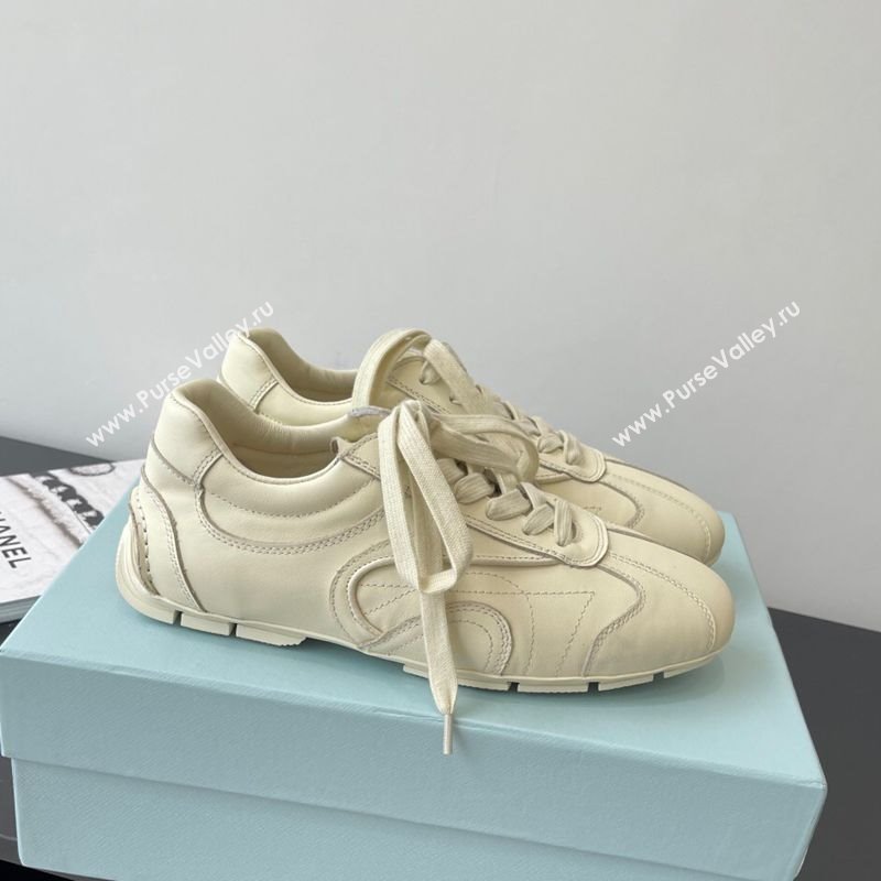 Prada Antiqued Leather Sneakers Cream White 2025 PR053004 (HQG-250530035)