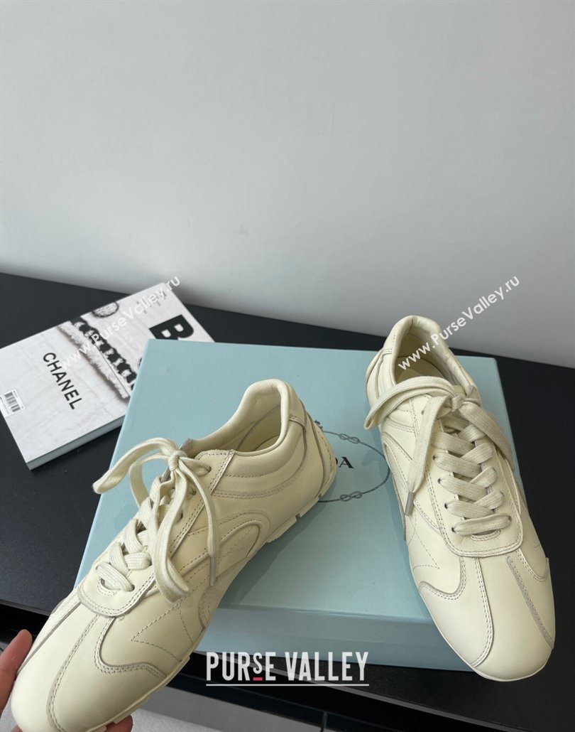 Prada Antiqued Leather Sneakers Cream White 2025 PR053004 (HQG-250530035)