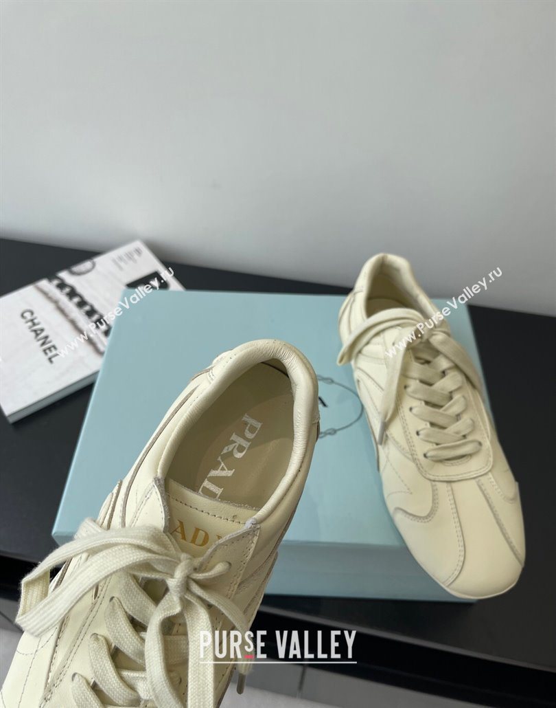 Prada Antiqued Leather Sneakers Cream White 2025 PR053004 (HQG-250530035)