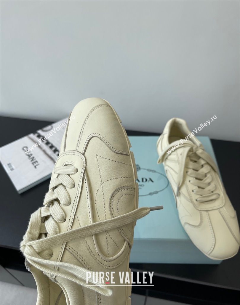 Prada Antiqued Leather Sneakers Cream White 2025 PR053004 (HQG-250530035)