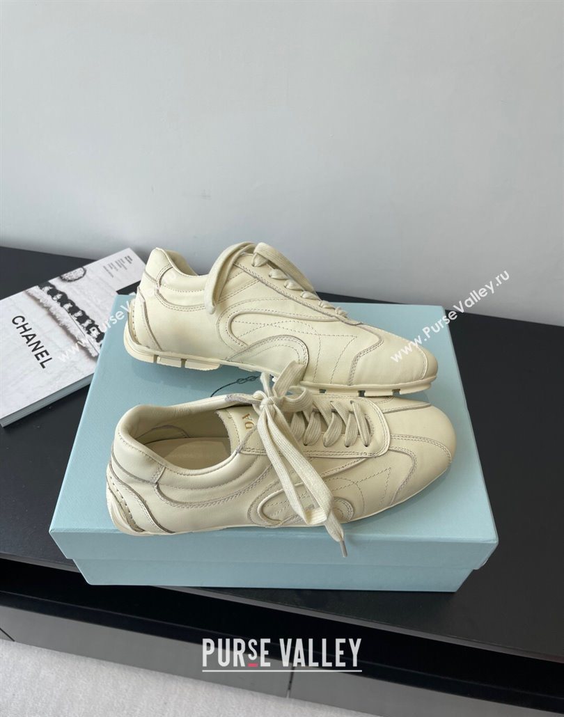 Prada Antiqued Leather Sneakers Cream White 2025 PR053004 (HQG-250530035)