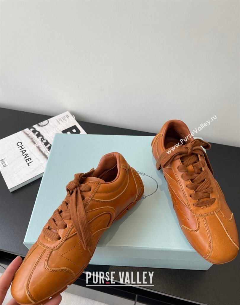 Prada Antiqued Leather Sneakers Brown2 2025 PR053004 (HQG-250530036)