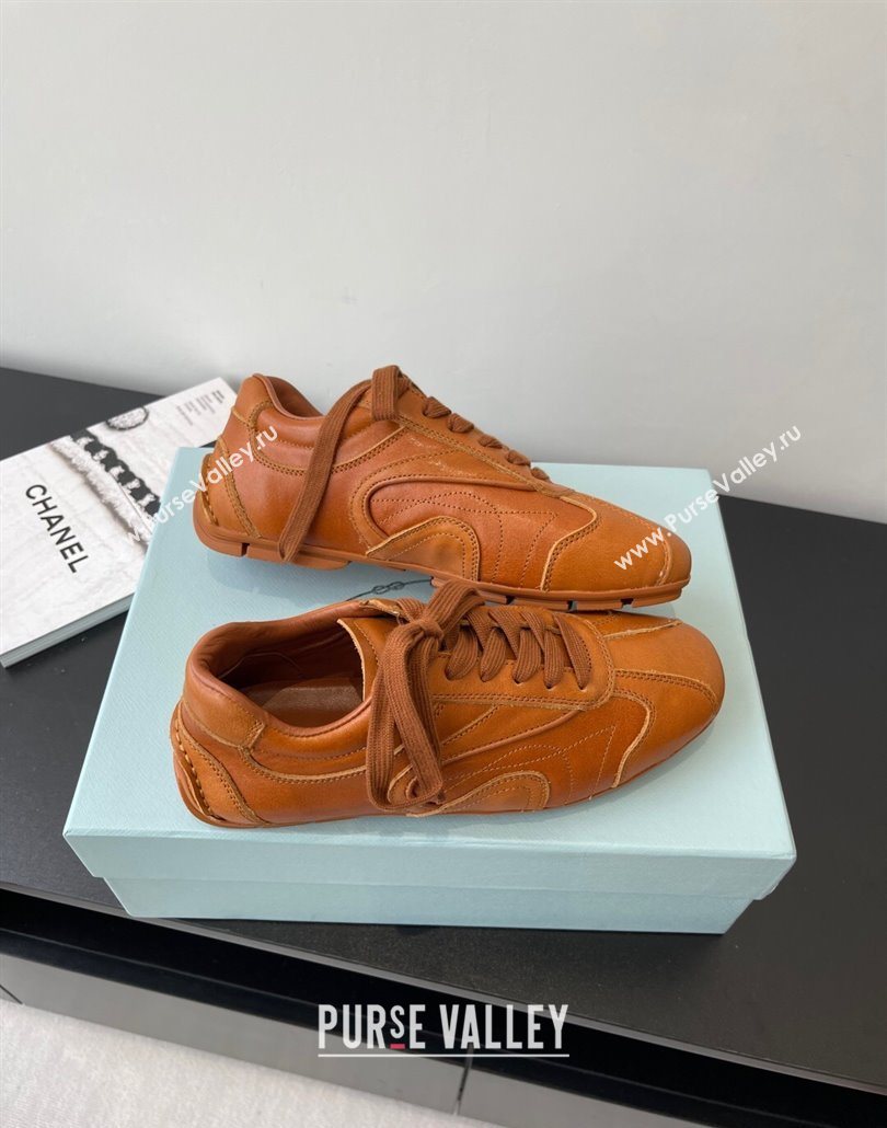 Prada Antiqued Leather Sneakers Brown2 2025 PR053004 (HQG-250530036)