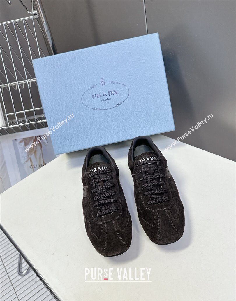 Prada Antiqued Leather and Suede Sneakers Dark Brown 2025 PR060301 (MD-250603001)
