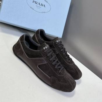 Prada Antiqued Leather and Suede Sneakers Dark Brown 2025 PR060301 (MD-250603001)
