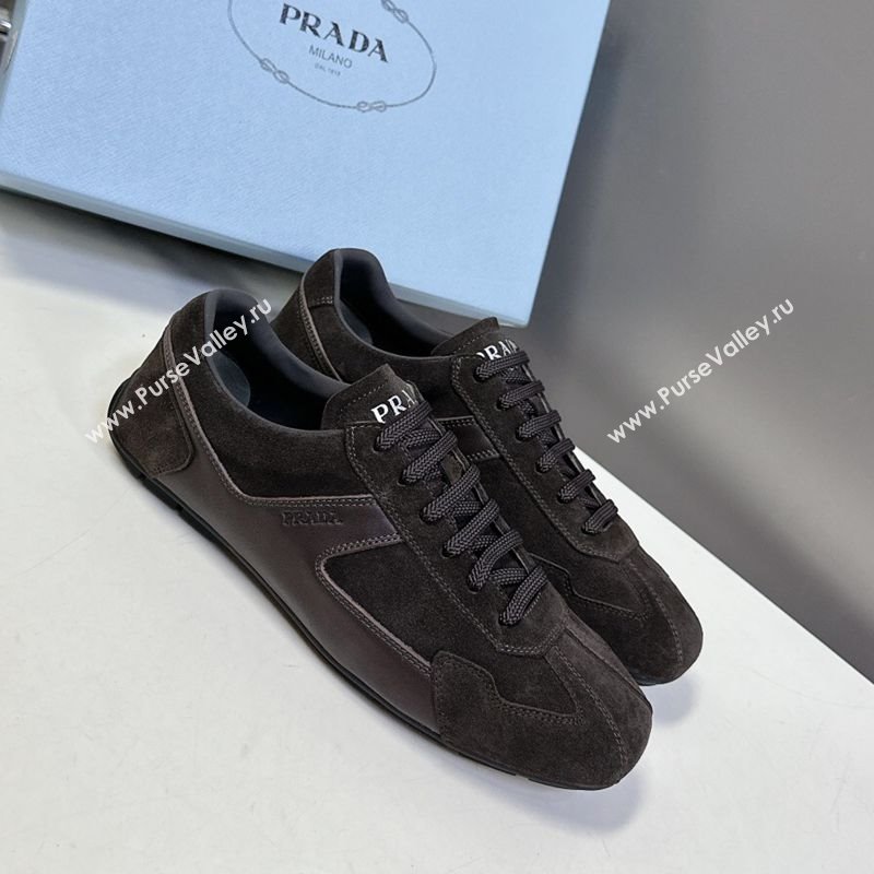 Prada Antiqued Leather and Suede Sneakers Dark Brown 2025 PR060301 (MD-250603001)