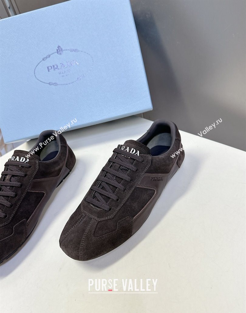 Prada Antiqued Leather and Suede Sneakers Dark Brown 2025 PR060301 (MD-250603001)