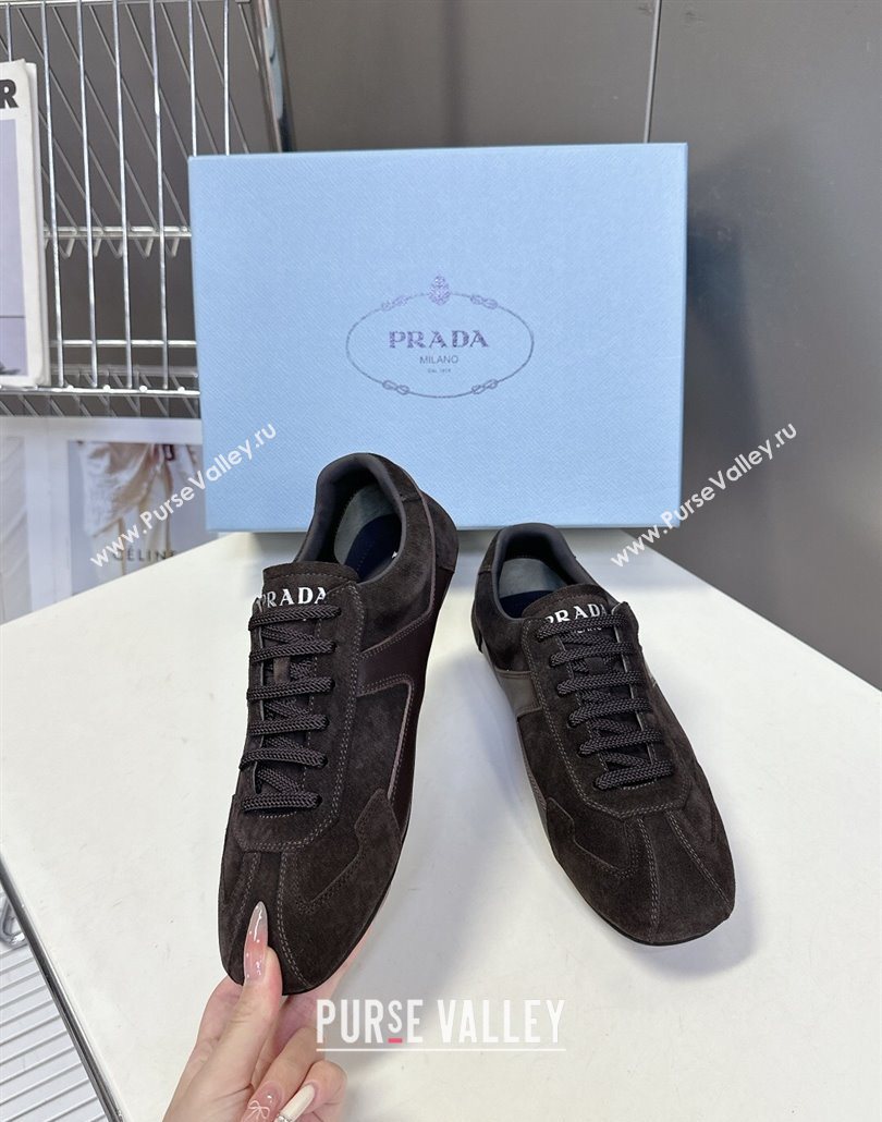 Prada Antiqued Leather and Suede Sneakers Dark Brown 2025 PR060301 (MD-250603001)