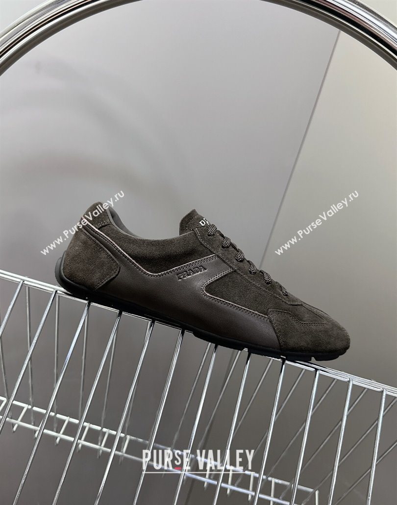 Prada Antiqued Leather and Suede Sneakers Dark Brown 2025 PR060301 (MD-250603001)