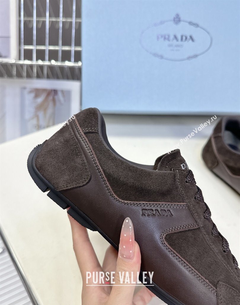 Prada Antiqued Leather and Suede Sneakers Dark Brown 2025 PR060301 (MD-250603001)