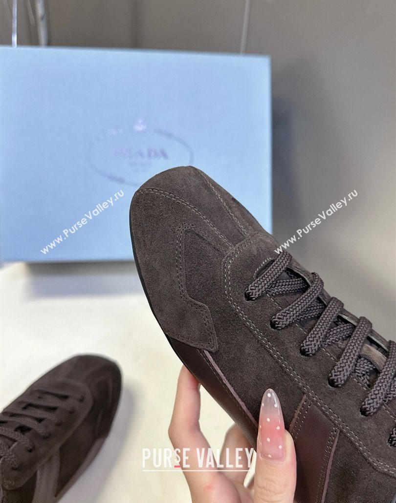 Prada Antiqued Leather and Suede Sneakers Dark Brown 2025 PR060301 (MD-250603001)