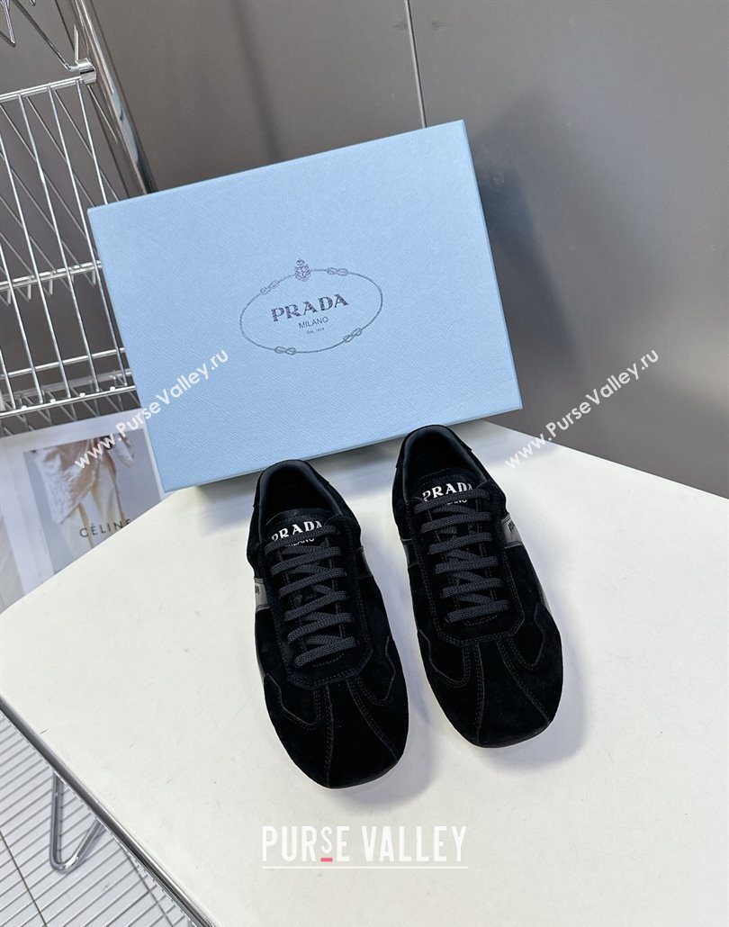 Prada Antiqued Leather and Suede Sneakers Black 2025 PR060301 (MD-250603003)