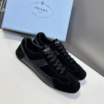 Prada Antiqued Leather and Suede Sneakers Black 2025 PR060301 (MD-250603003)