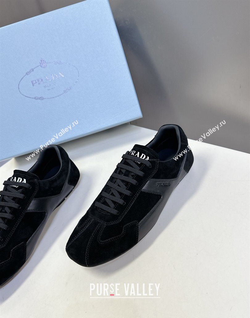 Prada Antiqued Leather and Suede Sneakers Black 2025 PR060301 (MD-250603003)