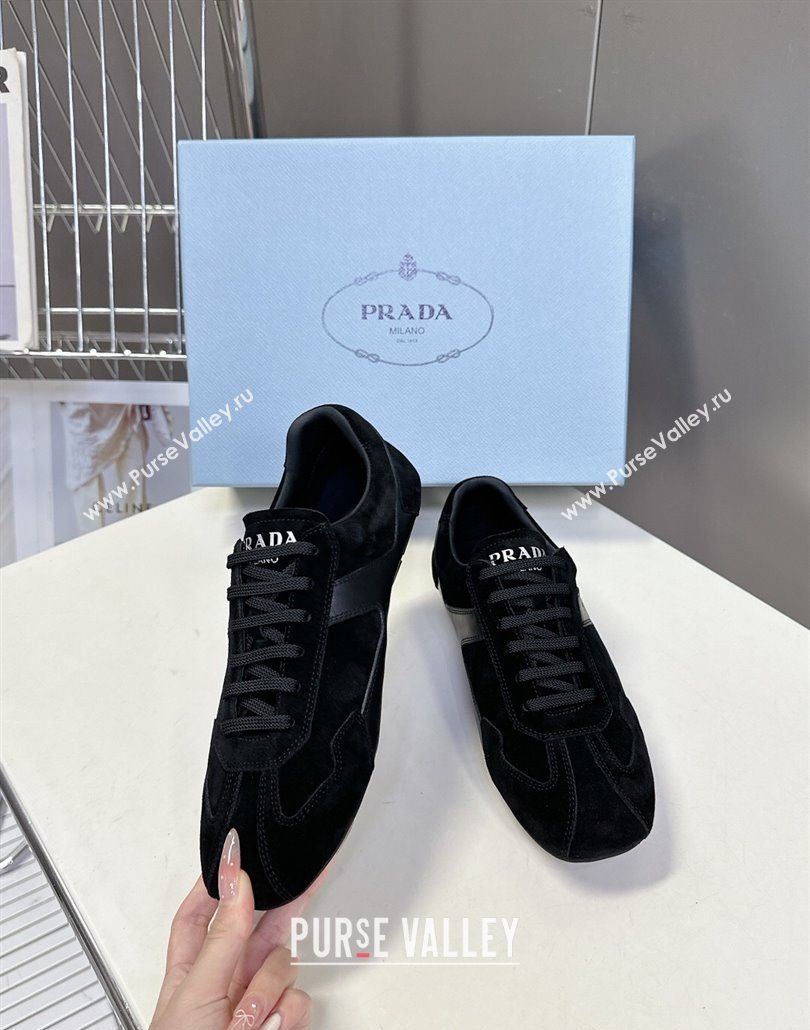 Prada Antiqued Leather and Suede Sneakers Black 2025 PR060301 (MD-250603003)