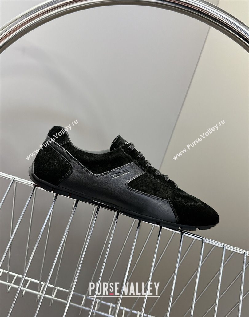 Prada Antiqued Leather and Suede Sneakers Black 2025 PR060301 (MD-250603003)