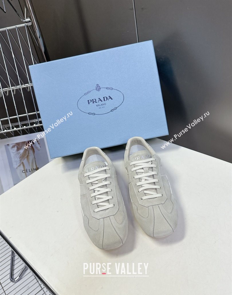 Prada Antiqued Leather and Suede Sneakers White 2025 PR060301 (MD-250603004)