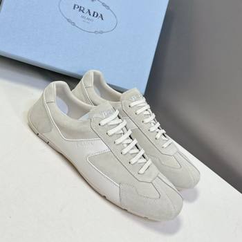 Prada Antiqued Leather and Suede Sneakers White 2025 PR060301 (MD-250603004)