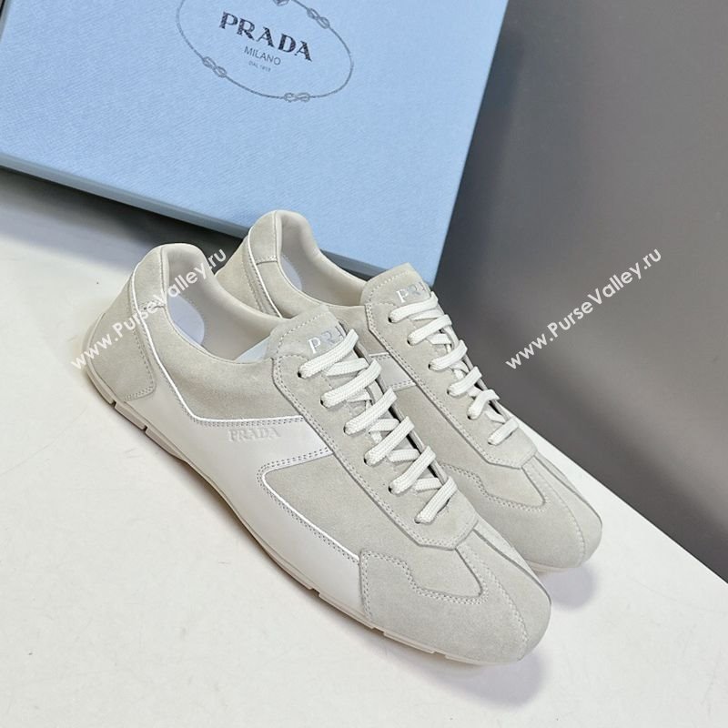 Prada Antiqued Leather and Suede Sneakers White 2025 PR060301 (MD-250603004)