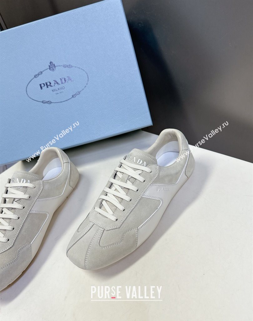 Prada Antiqued Leather and Suede Sneakers White 2025 PR060301 (MD-250603004)