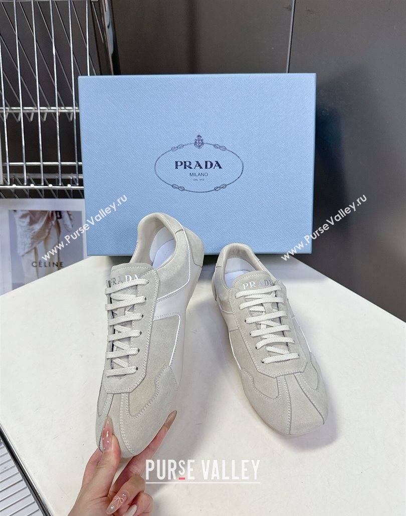 Prada Antiqued Leather and Suede Sneakers White 2025 PR060301 (MD-250603004)
