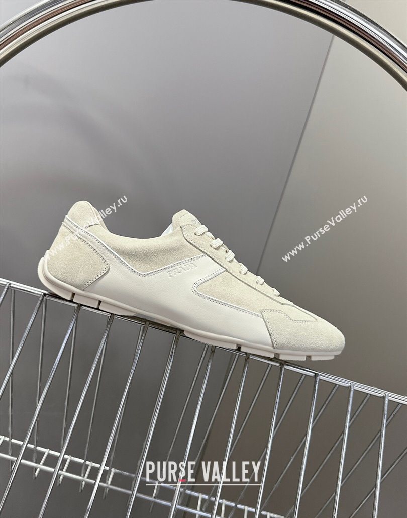 Prada Antiqued Leather and Suede Sneakers White 2025 PR060301 (MD-250603004)
