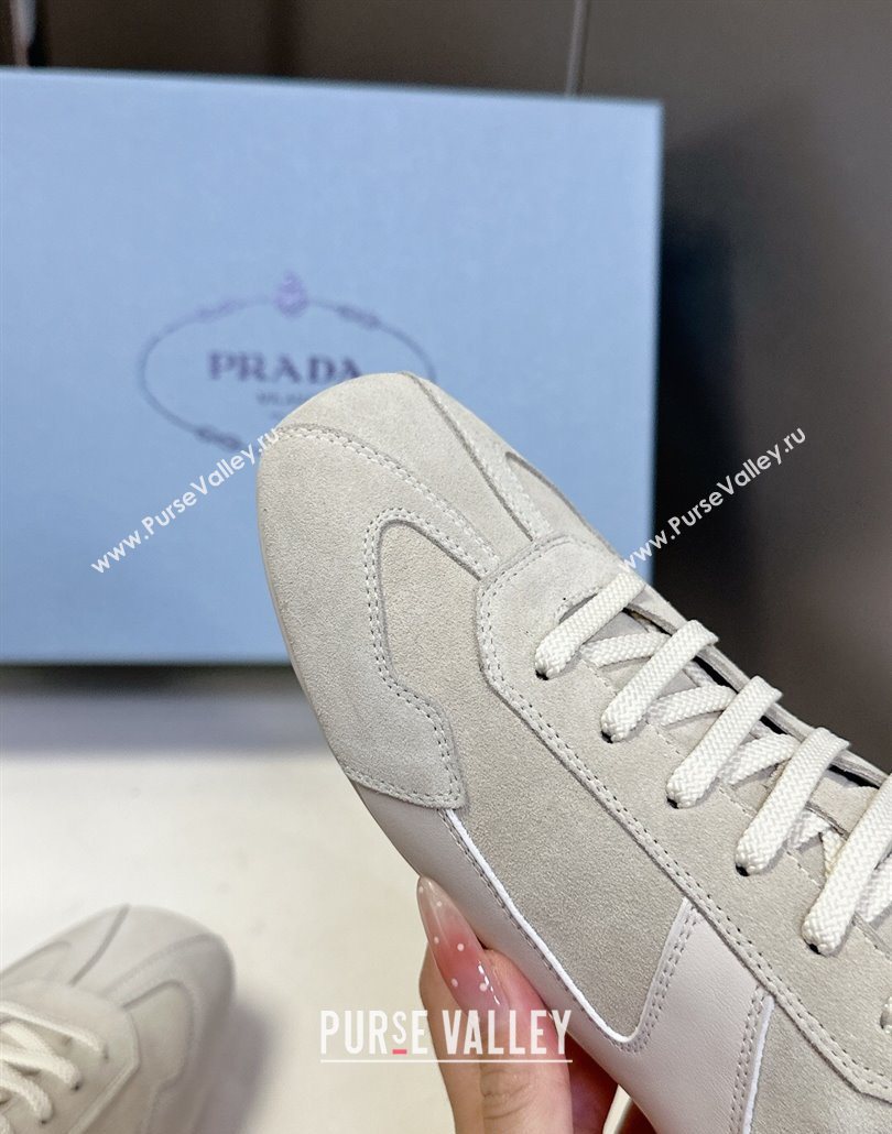 Prada Antiqued Leather and Suede Sneakers White 2025 PR060301 (MD-250603004)