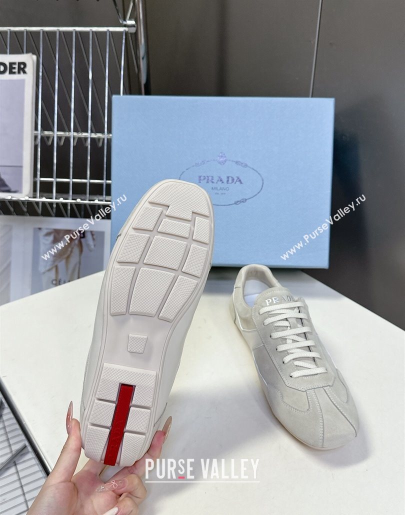 Prada Antiqued Leather and Suede Sneakers White 2025 PR060301 (MD-250603004)