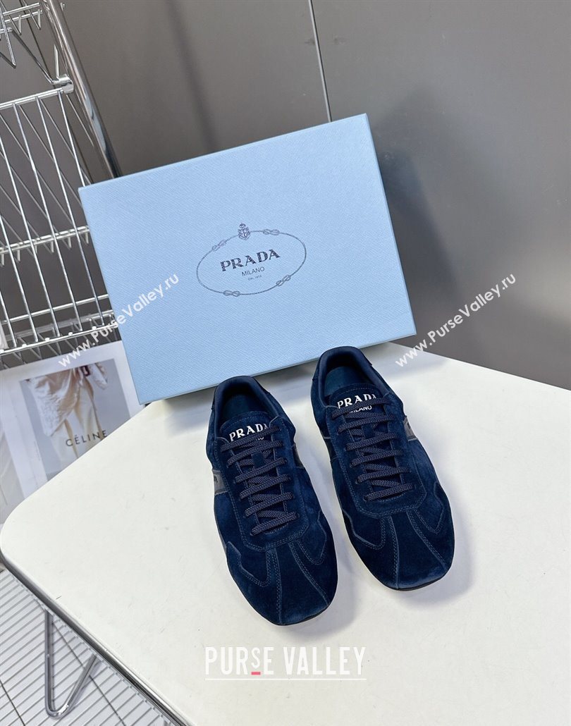 Prada Antiqued Leather and Suede Sneakers Dark Blue 2025 PR060301 (MD-250603005)