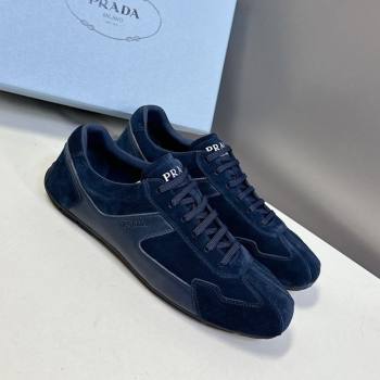 Prada Antiqued Leather and Suede Sneakers Dark Blue 2025 PR060301 (MD-250603005)