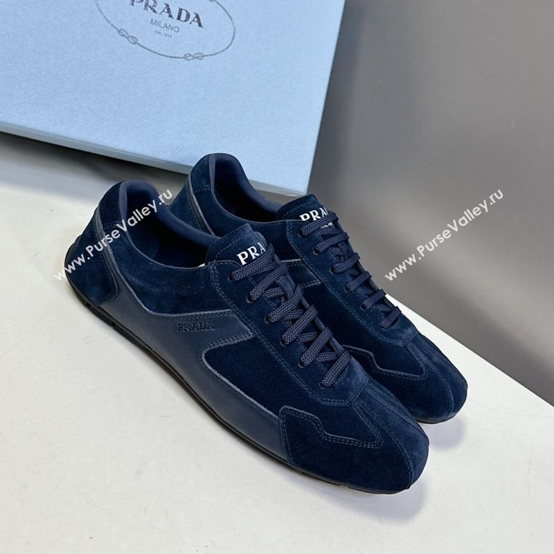 Prada Antiqued Leather and Suede Sneakers Dark Blue 2025 PR060301 (MD-250603005)