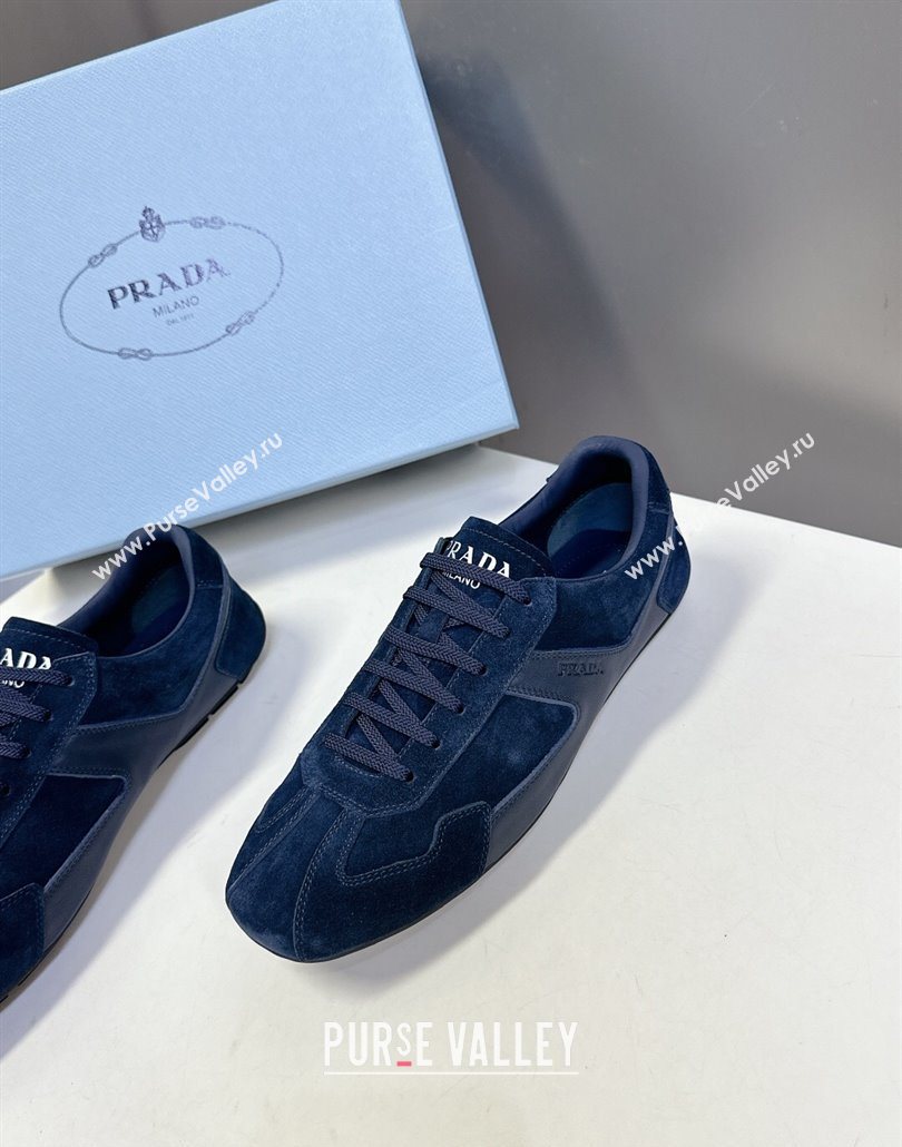 Prada Antiqued Leather and Suede Sneakers Dark Blue 2025 PR060301 (MD-250603005)