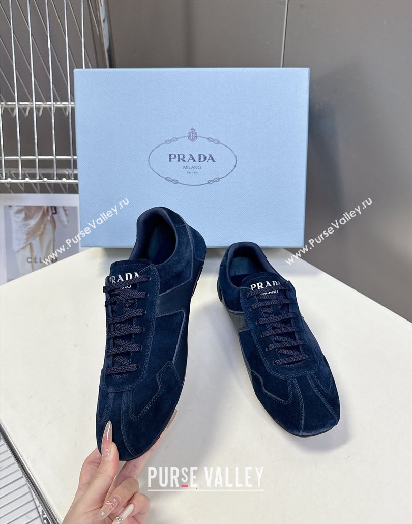 Prada Antiqued Leather and Suede Sneakers Dark Blue 2025 PR060301 (MD-250603005)
