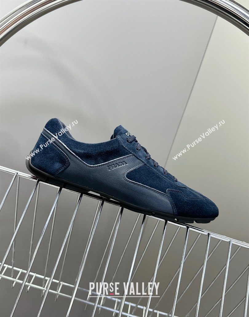 Prada Antiqued Leather and Suede Sneakers Dark Blue 2025 PR060301 (MD-250603005)