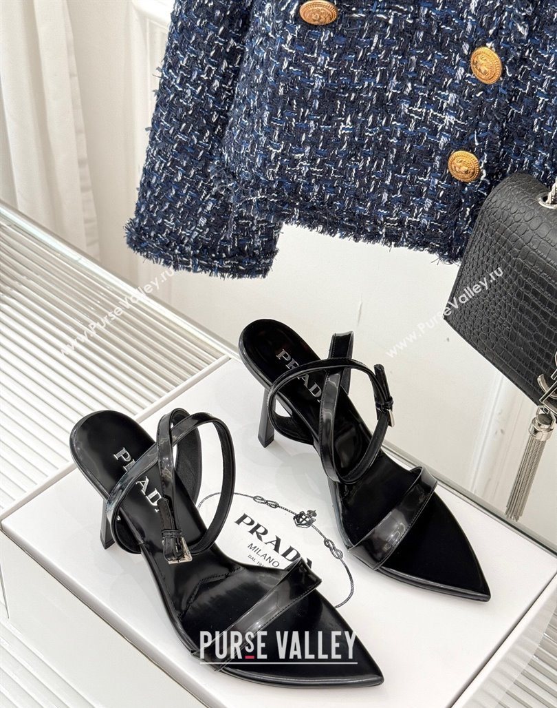 Prada Brushed Leather Pointed Sandals 9.5cm Black 2025 PR053002 (MD-250530021)