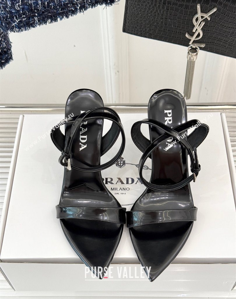 Prada Brushed Leather Pointed Sandals 9.5cm Black 2025 PR053002 (MD-250530021)