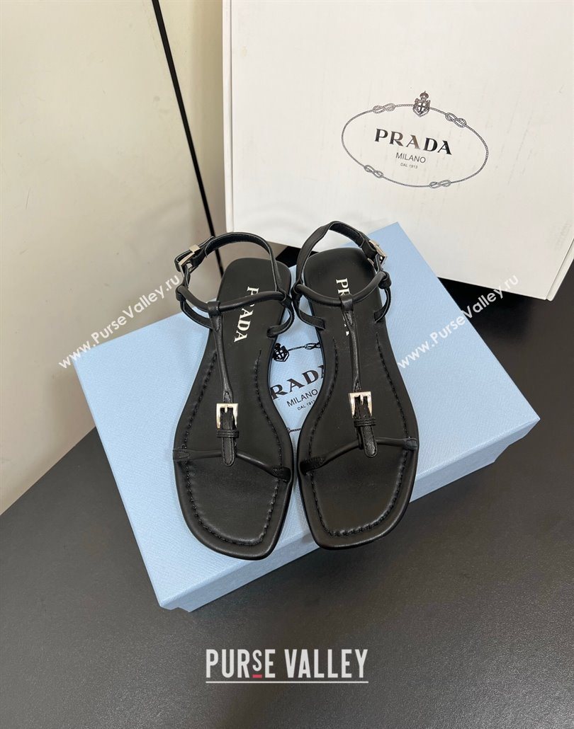 Prada Leather flat sandals with buckle Black 2025 1Y503N (HQG-250603043)
