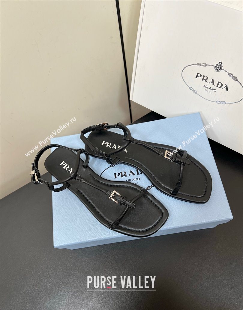 Prada Leather flat sandals with buckle Black 2025 1Y503N (HQG-250603043)
