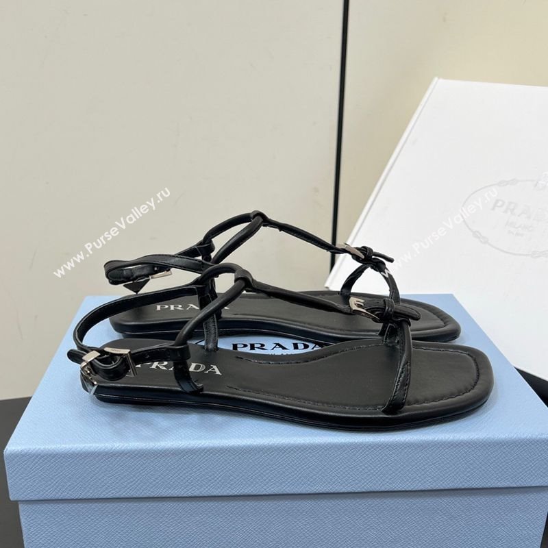 Prada Leather flat sandals with buckle Black 2025 1Y503N (HQG-250603043)
