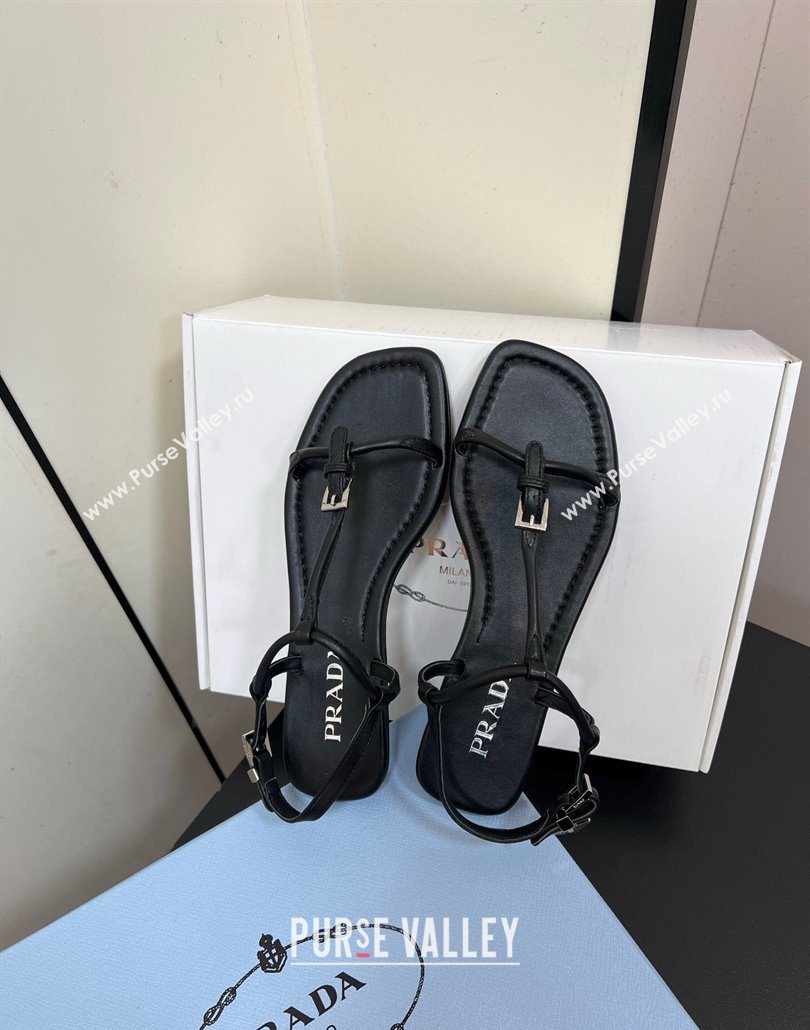 Prada Leather flat sandals with buckle Black 2025 1Y503N (HQG-250603043)