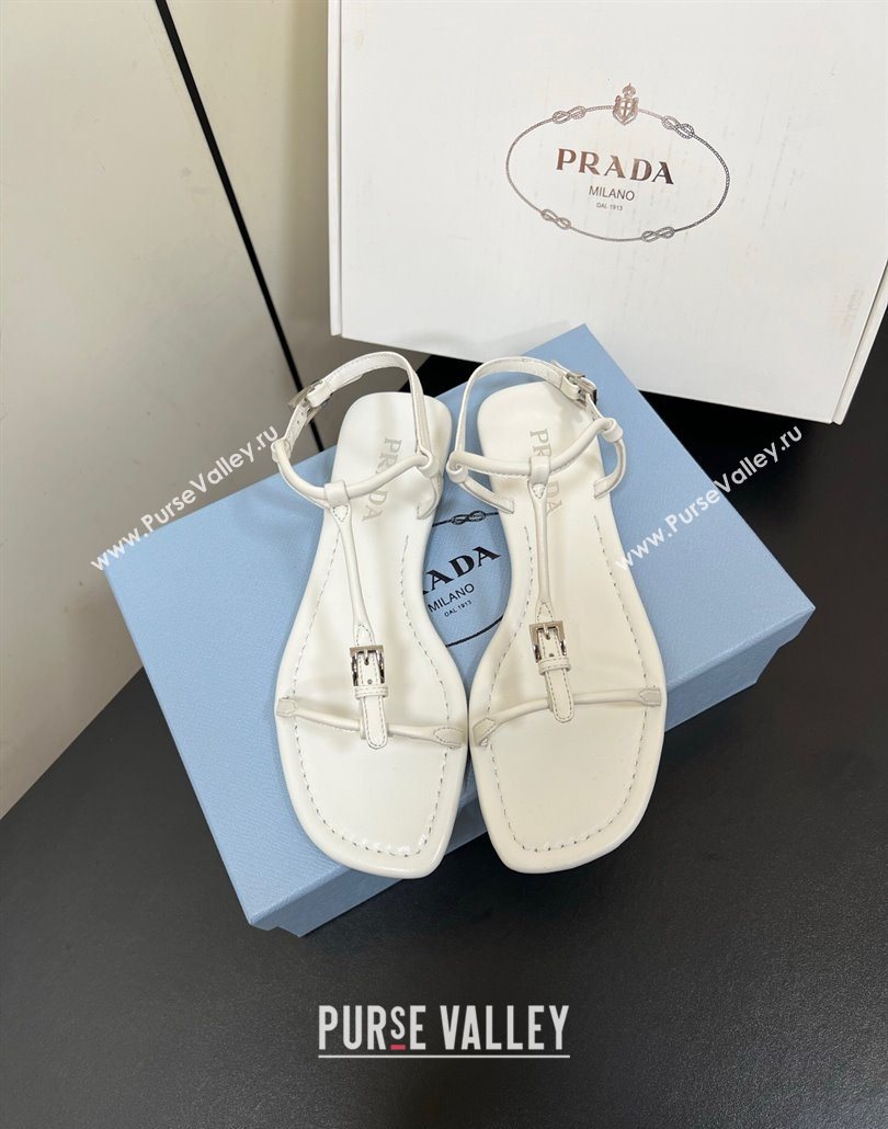 Prada Leather flat sandals with buckle White 2025 1Y503N (HQG-250603044)